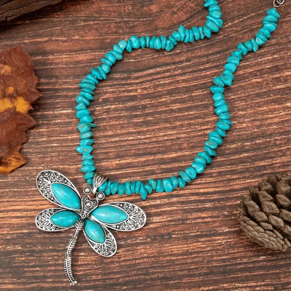 Retro Inspired Dragonfly Vibrant Blue Hue Genuine Turquoise Accent Long Necklace